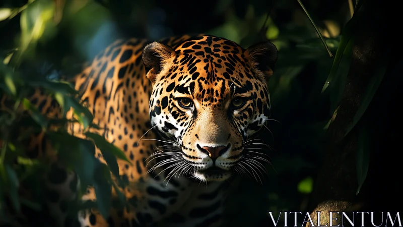 Jaguar in dappled rainforest light with high-contrast focus.