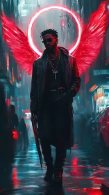 Neon-winged vigilante strides through rain-soaked cybercity.