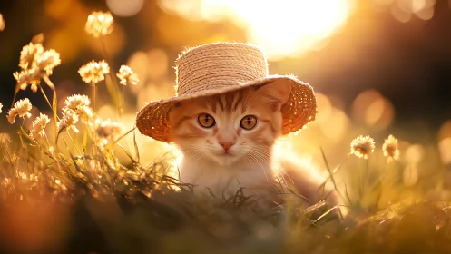 Orange Tabby Cat in Straw Hat Among Daisies at Golden Hour.
