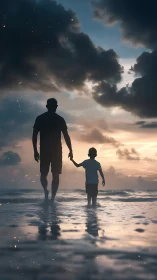 Gentle sunset walk with parent and child at the shore.