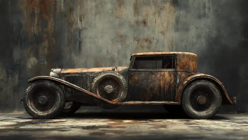 Rust-slipped vintage coupe dreaming in industrial dusk.