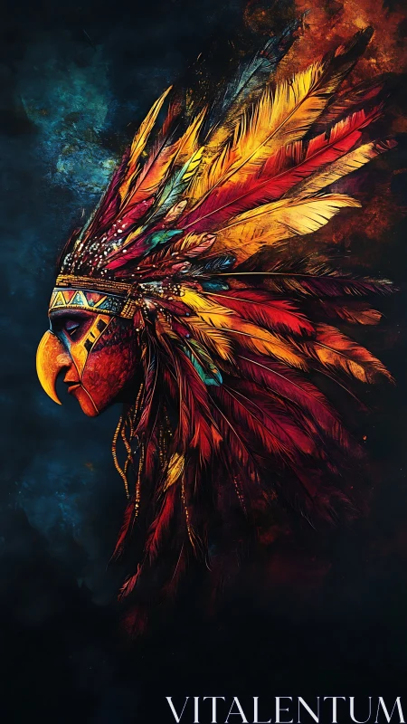 Hybrid bird warrior profile with ornate feathered headdress.