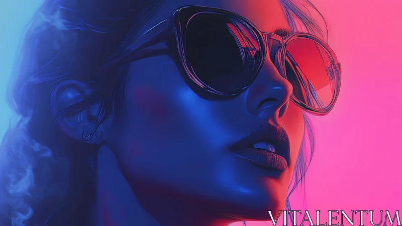 Neon-lit female portrait renders glossy sunglasses in profile