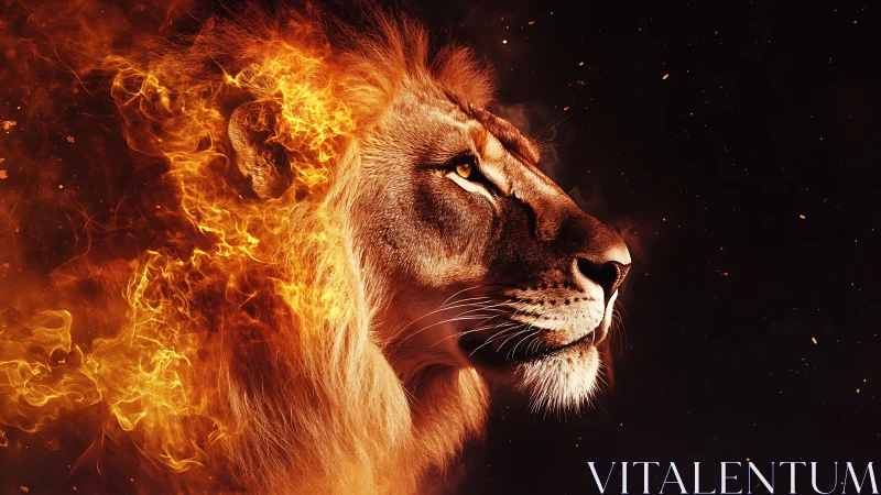 Lion profile with fiery mane integrated into dark background