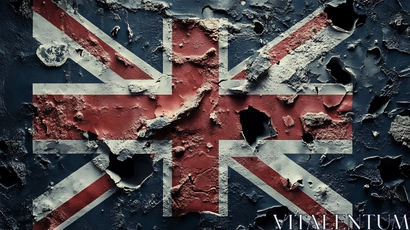 Distressed Union Jack flag with corroded textured surface.