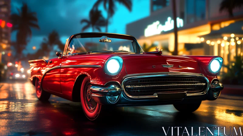Classic red convertible glows on neon-lit city boulevard.