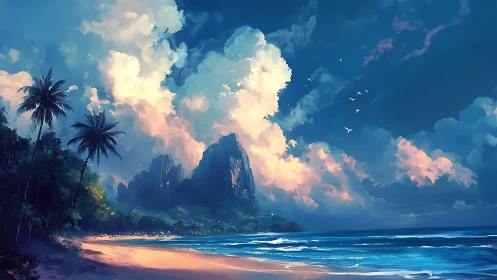Tropical Beach with Towering Cliffs Under Luminous Sky.
