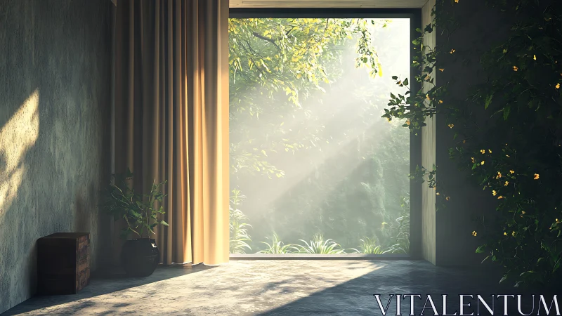 Interior opening onto sunlit garden with filtered light rays.