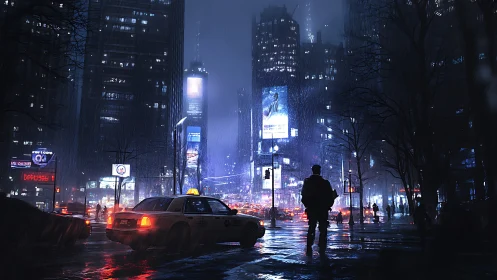 Rain-soaked neon crossroads with a lone midnight wanderer.