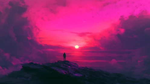 Lone silhouette greeting a neon magenta dream-sunset horizon.