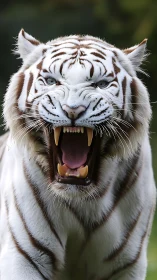 Snarling white tiger baring sharp fangs in close frontal view.