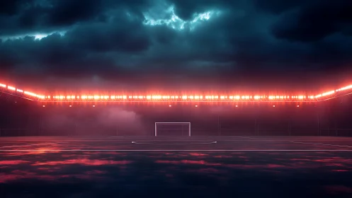 Floodlit empty football pitch framed by dramatic storm clouds