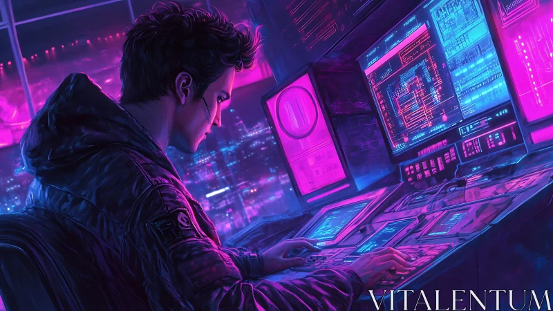 Neon city hacker focuses on glowing cyber control screens