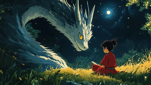Child in red robe faces serpentine dragon under moonlit sky
