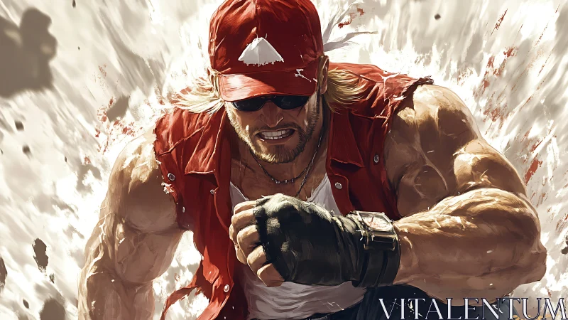 Muscular fighter charges forward through explosive dust.