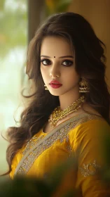 Portrait with yellow saree, gold jewelry, soft bokeh light.