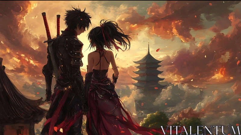 Samurai couple overlooking distant pagoda at fiery sunset