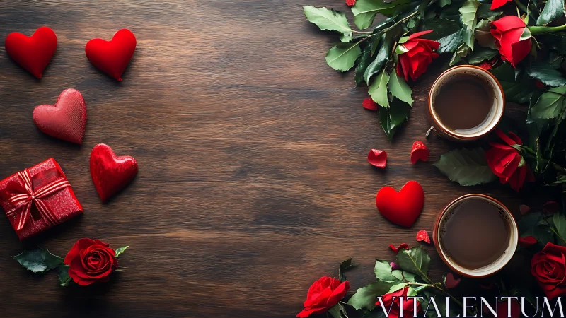 Romantic Tablescape Composition with Red Roses, Velvet Hearts, and Coffee on Wood