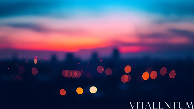 Defocused city skyline under neon sunset gradient sky