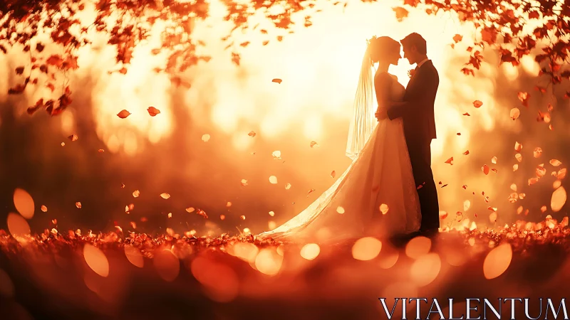 Bride and groom embrace beneath golden autumn leaves.