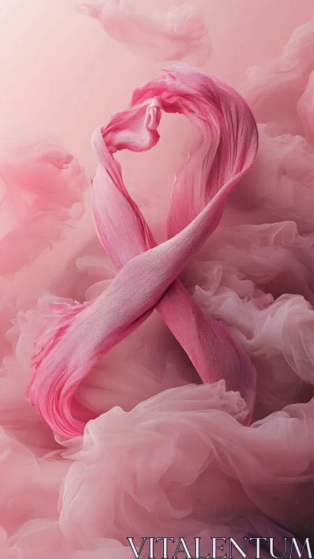 Pink silk ribbon forms loop within soft swirling clouds