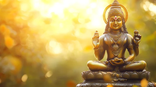 Golden Hindu deity statue in warm glowing sunlight outdoors.