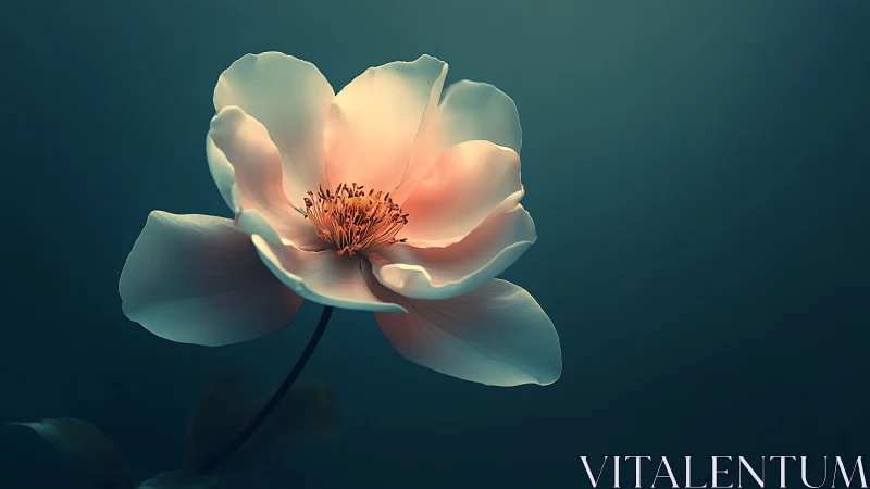 Luminescent Peony Bloom with Warm Translucent Petals on Teal Ground.