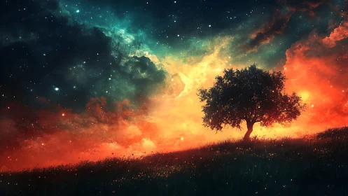 Lone tree crowns blazing cosmic horizon under nebula sky.