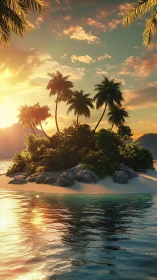 Tropical Island Sunset with Palm Trees and Golden Light