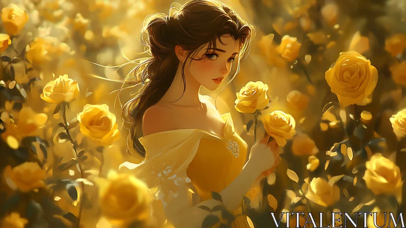 Golden haired maiden in luminous yellow rose garden.