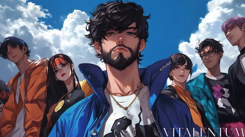 Group of stylized youths stand outdoors under bright sky