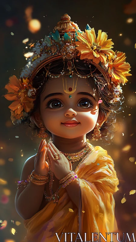 Radiant child in golden attire with floral festival glow.