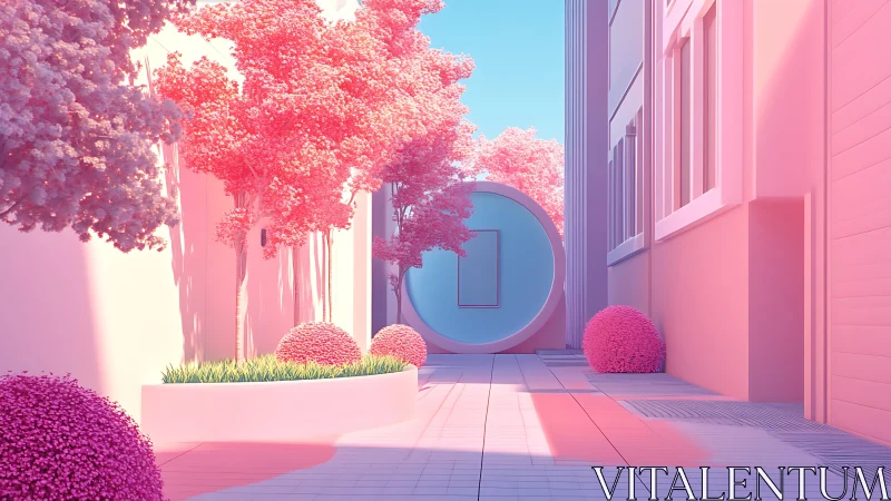 Dreamy pink courtyard with modern circular portal doorway.