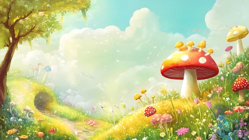 Bright fantasy meadow with giant red mushrooms and flowers.
