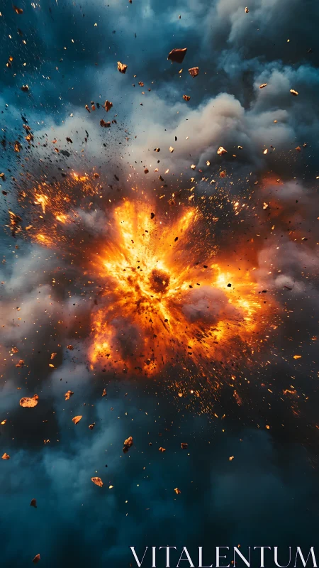 Catastrophic explosion amid teal sky debris burst.