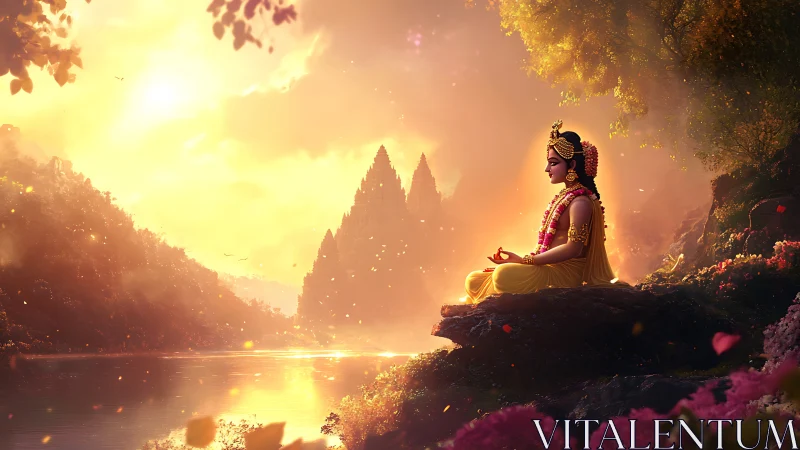 Seated deity figure in meditative pose by river at sunrise.