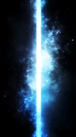 Stellar rift column slices through luminous blue nebula field.