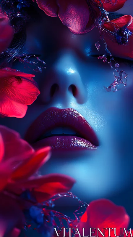 Velvety lips glow in dreamy blue light and crimson petals