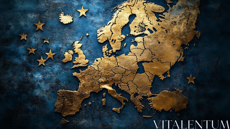 Gilded map of Europe glowing warmly on deep blue seas.