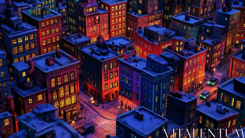 Snow-dusted night city block with illuminated windows.