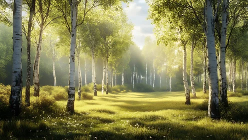 Photorealistic birch forest corridor with dramatic atmospheric perspective and backlighting