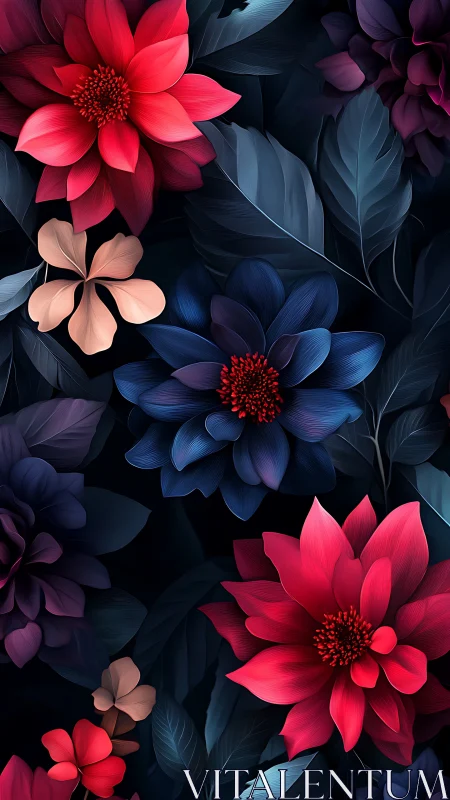Luminous Dahlias Against Dark Botanical Composition.