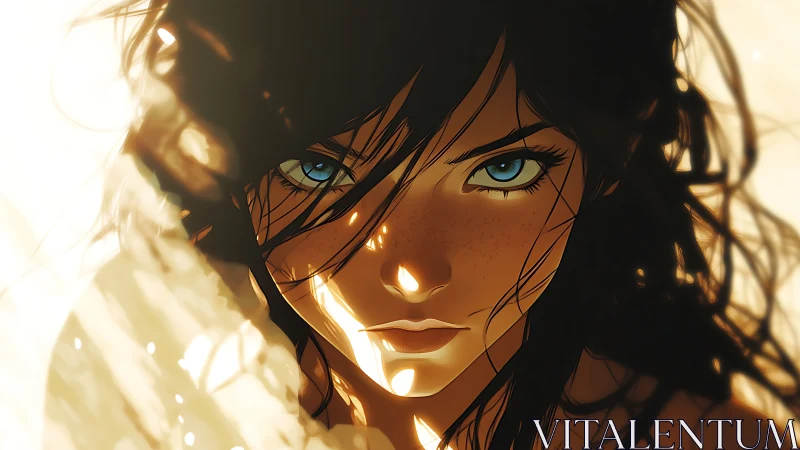 Sunlit blue-eyed heroine gazes forward with fierce resolve.