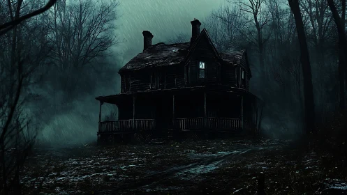 Derelict Victorian farmhouse under rain in nocturnal forest