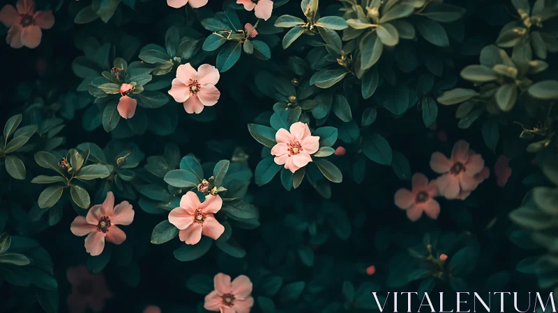 Pink flowers bloom densely among dark teal foliage