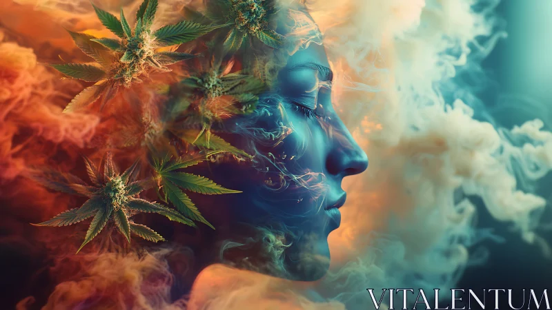 Female profile with cannabis leaves in colorful smoke.