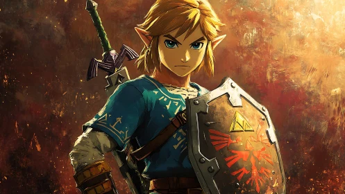 Heroic swordsman steadies shield beneath sunset burst light