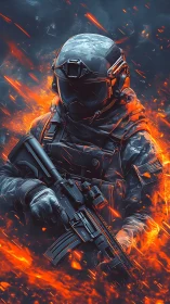 Futuristic soldier advances through blazing inferno storm