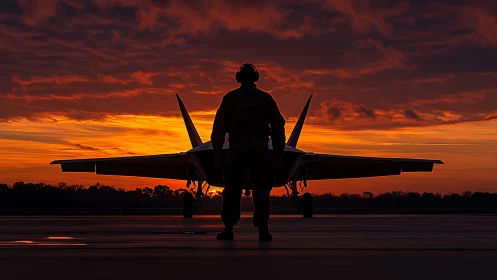 Silhouetted ground crew member stands before jet at sunrise