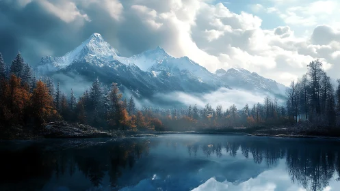 Snow-covered mountain range above calm reflective lake.